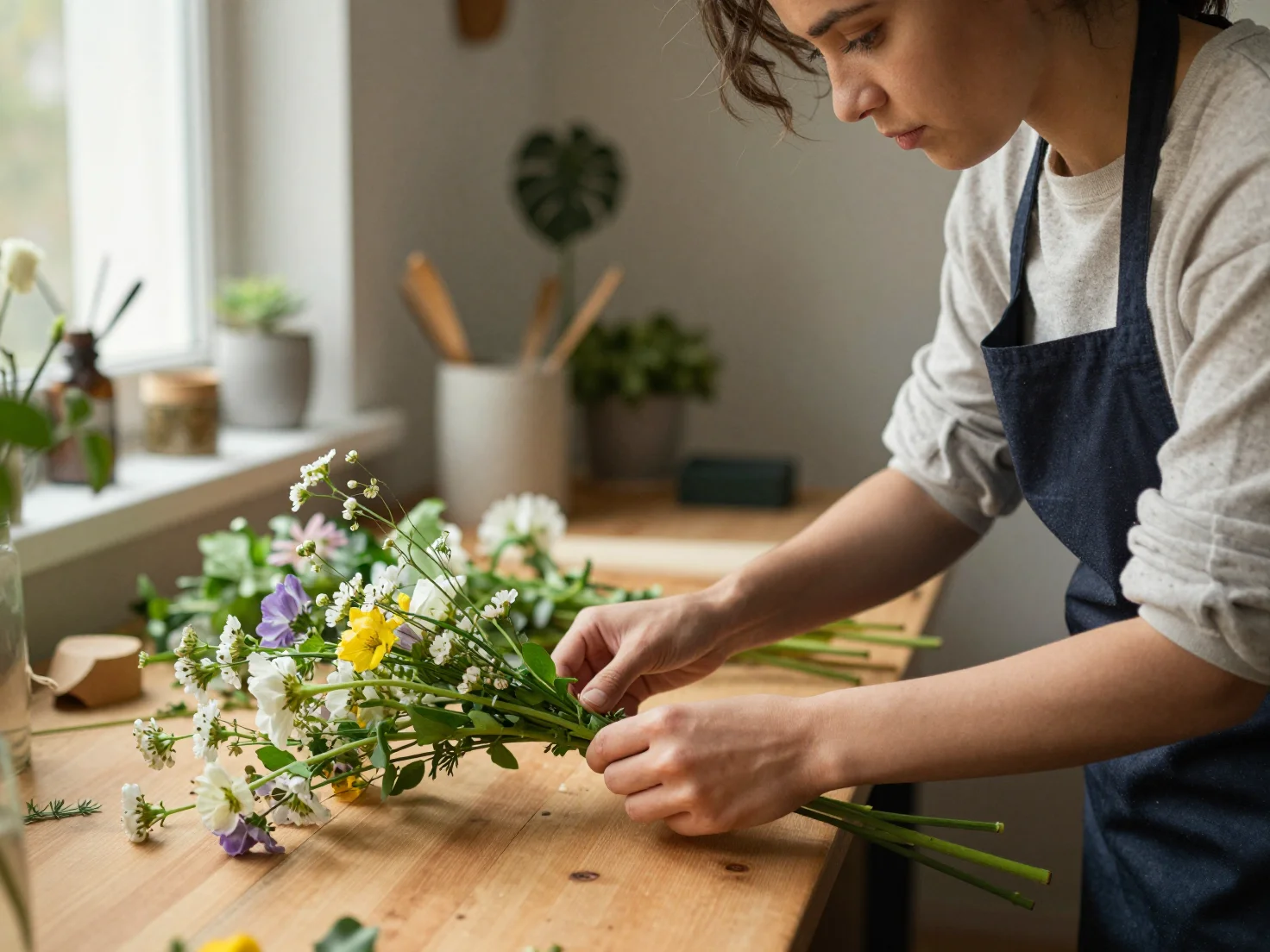 Floristin in einer Blumenboutique beim Arrangieren eines Straußes