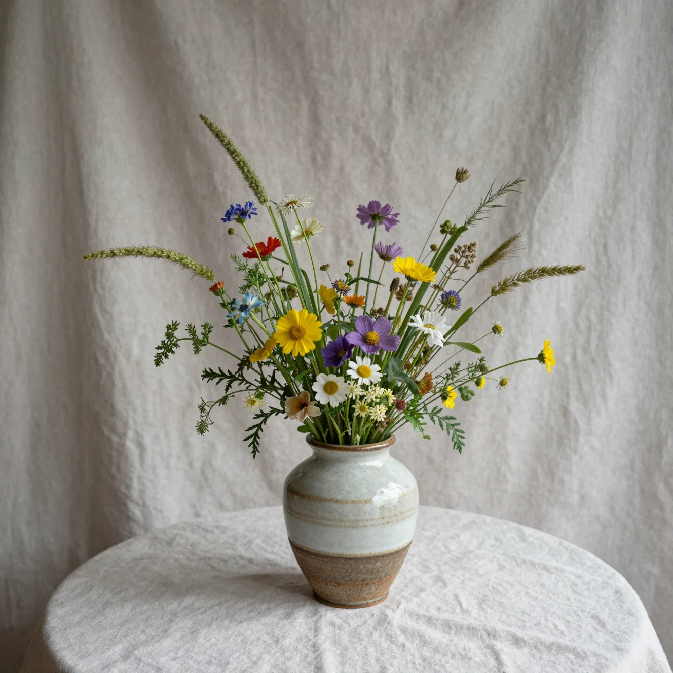 Blumenarrangement in einem keramischen Gefäß