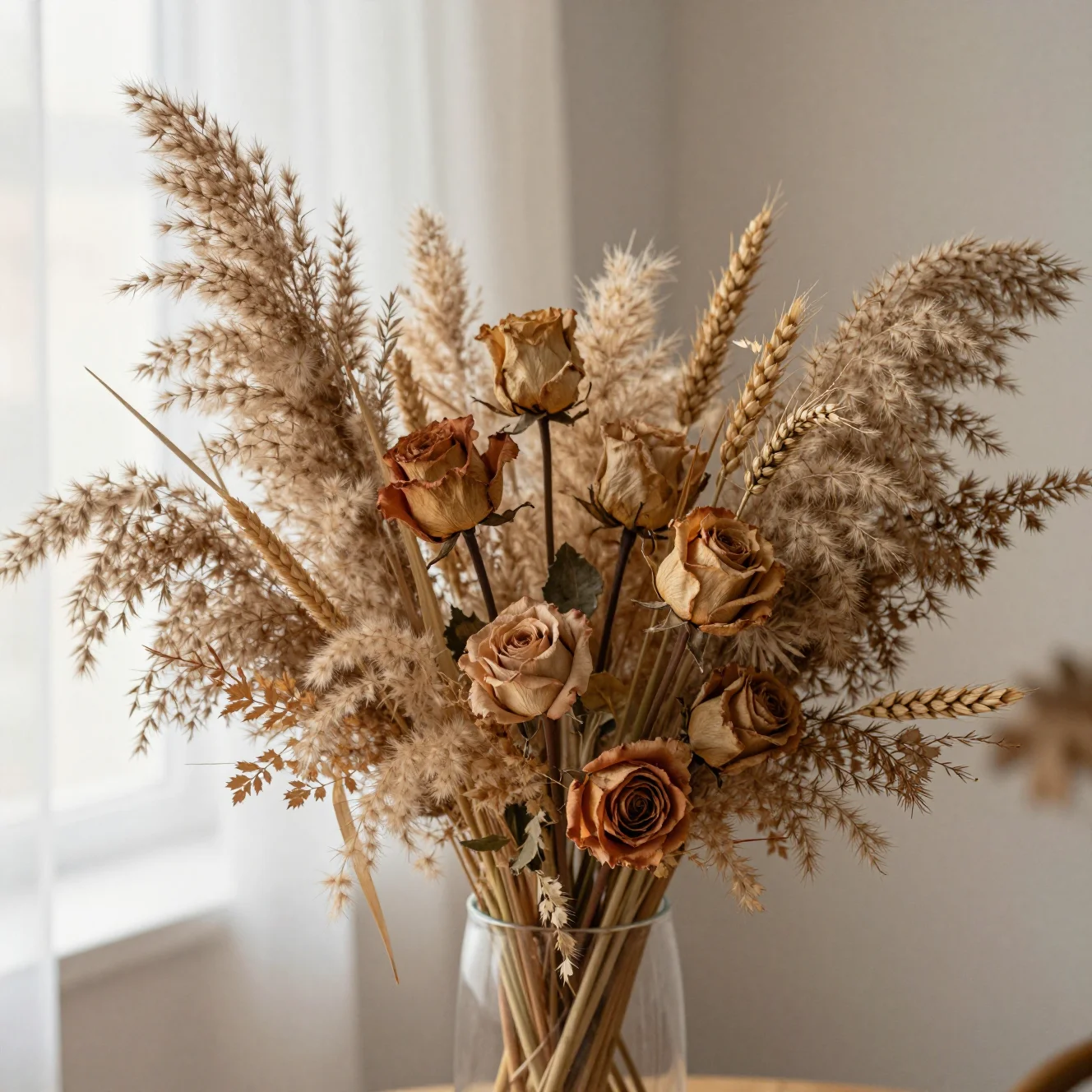 Trockenblumenarrangement in warmen Erdtönen