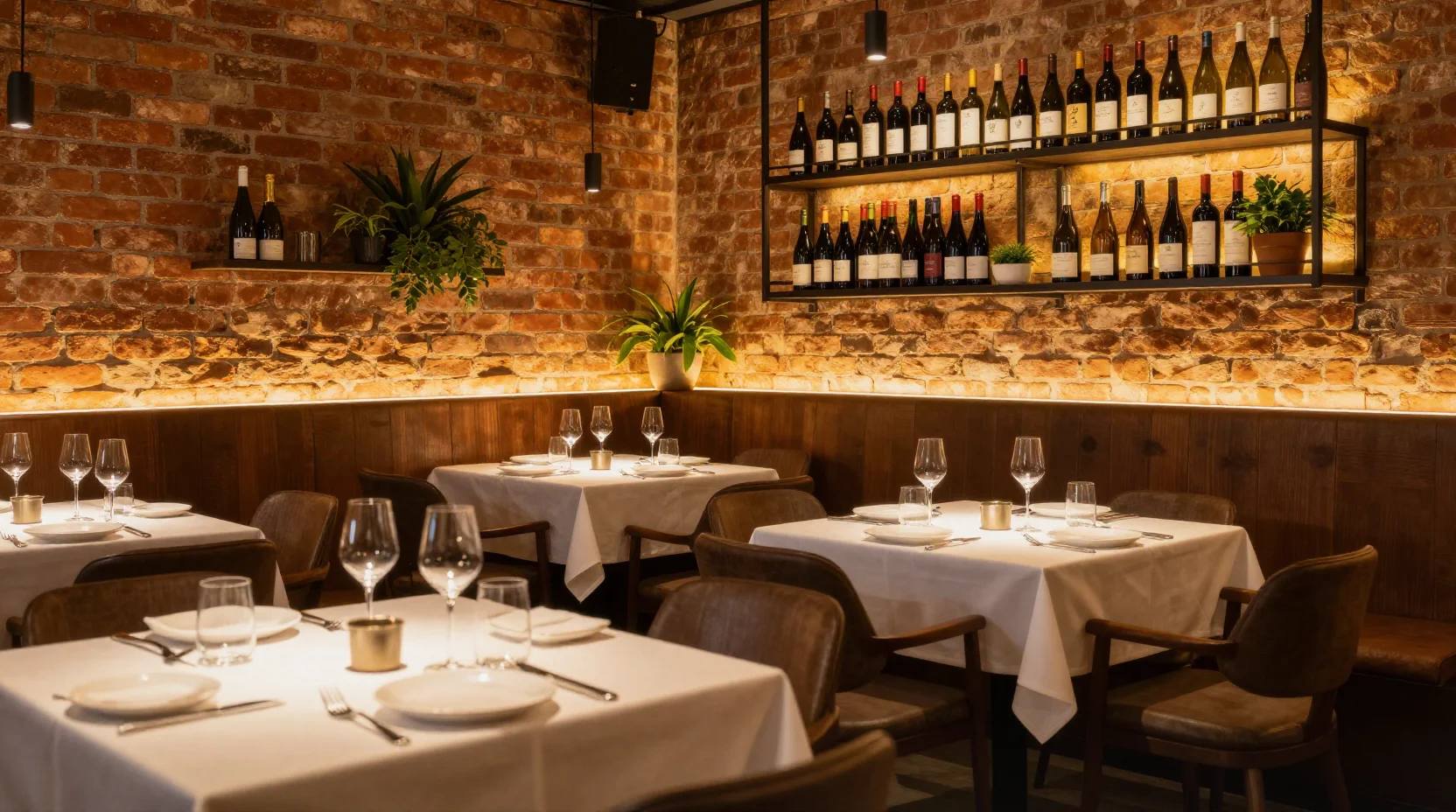 Intérieur chaleureux du restaurant avec tables dressées et éclairage tamisé