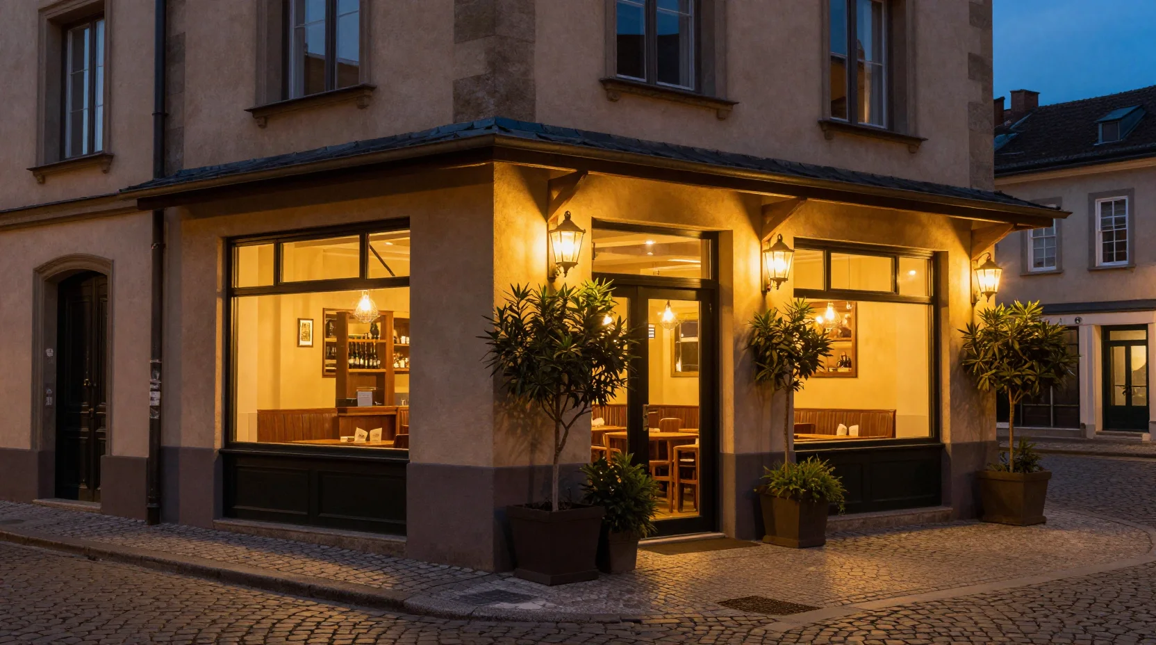 Façade du restaurant en soirée avec éclairage chaleureux