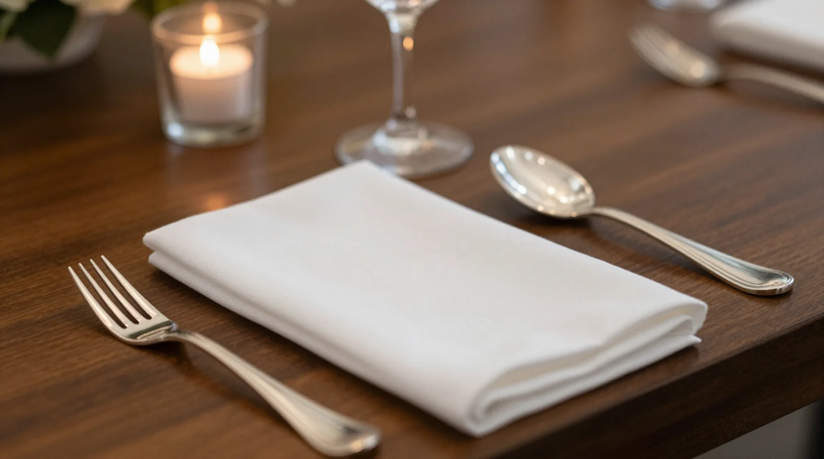 Table élégamment dressée avec nappes blanches et bougies