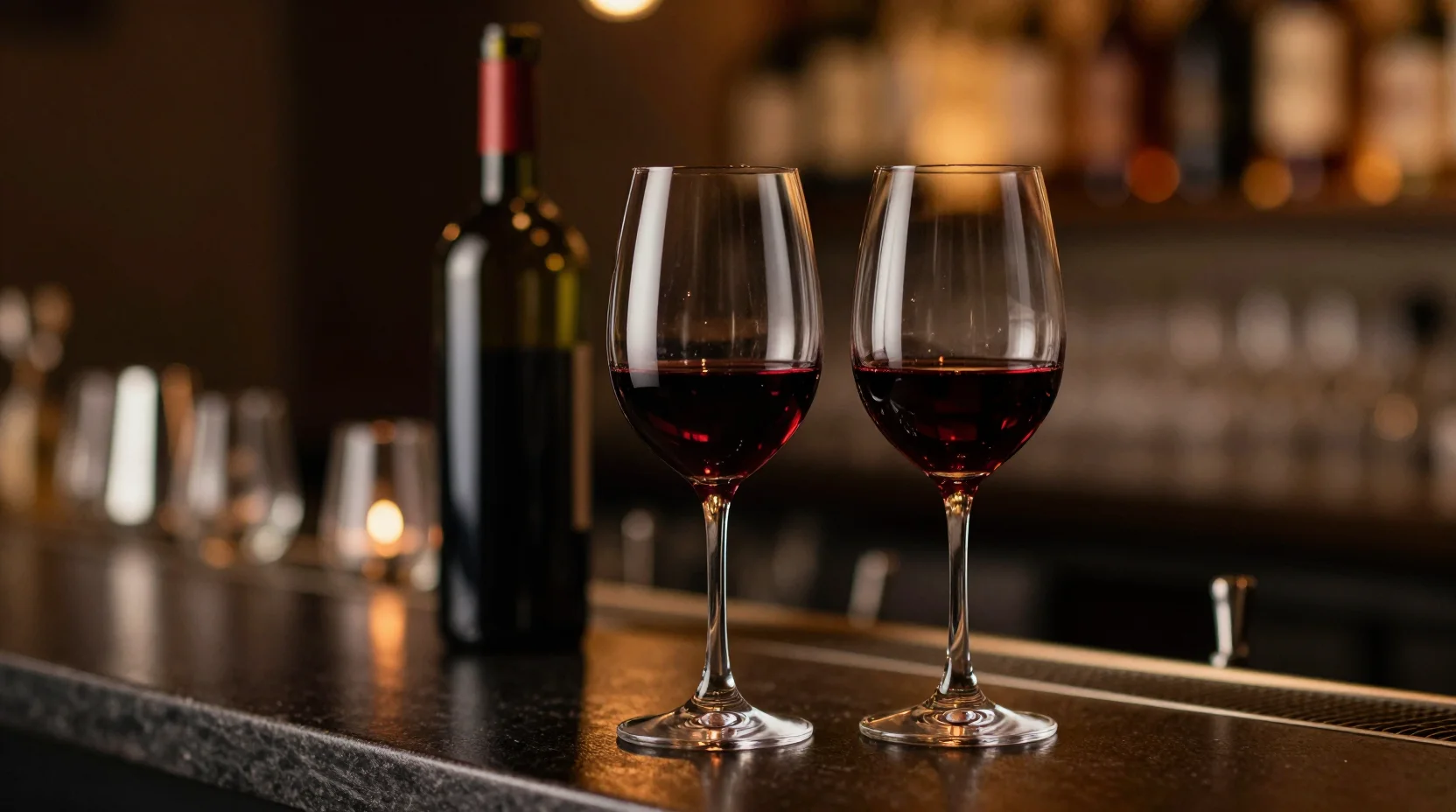 Verres de vin rouge posés sur le comptoir