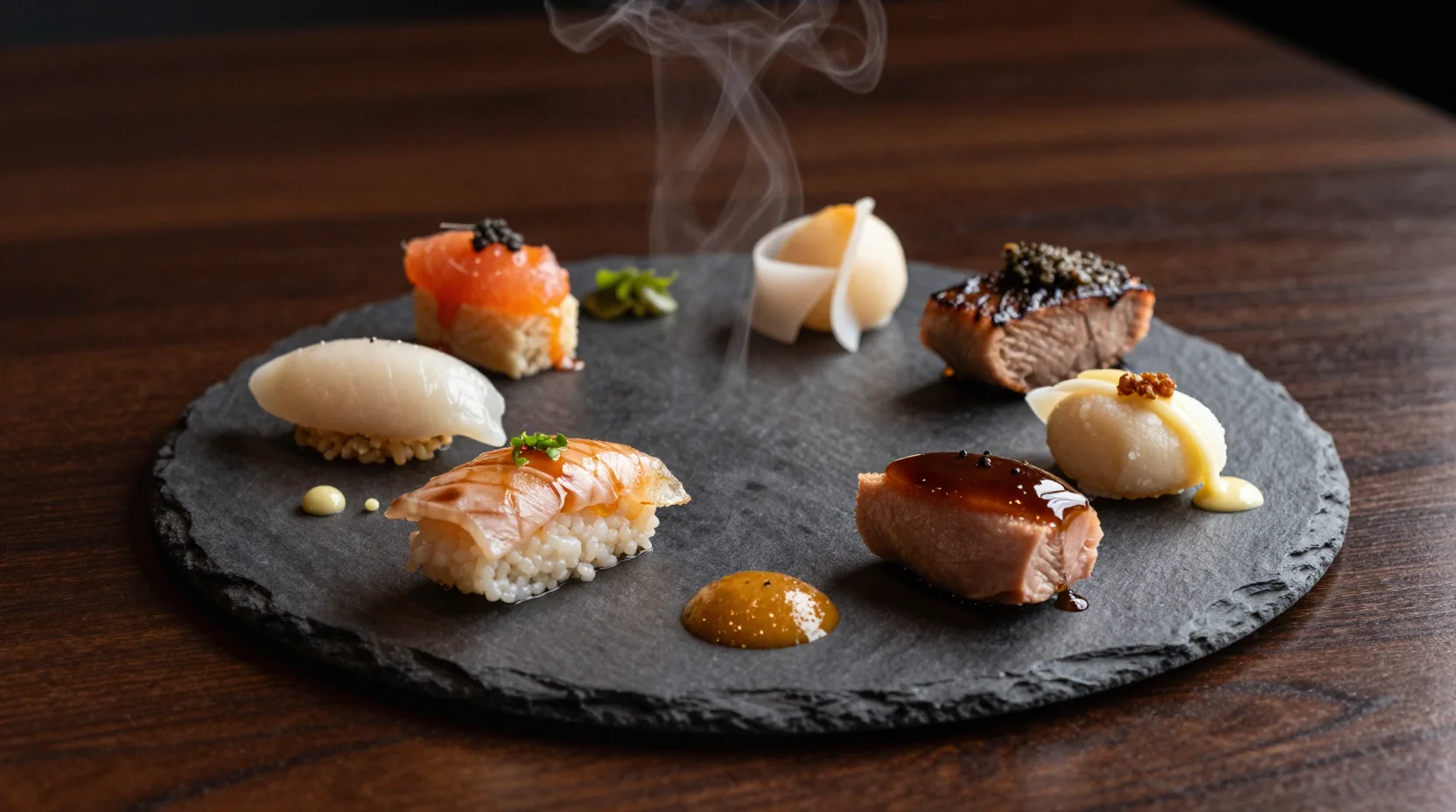 Assiette de dégustation avec plusieurs créations culinaires