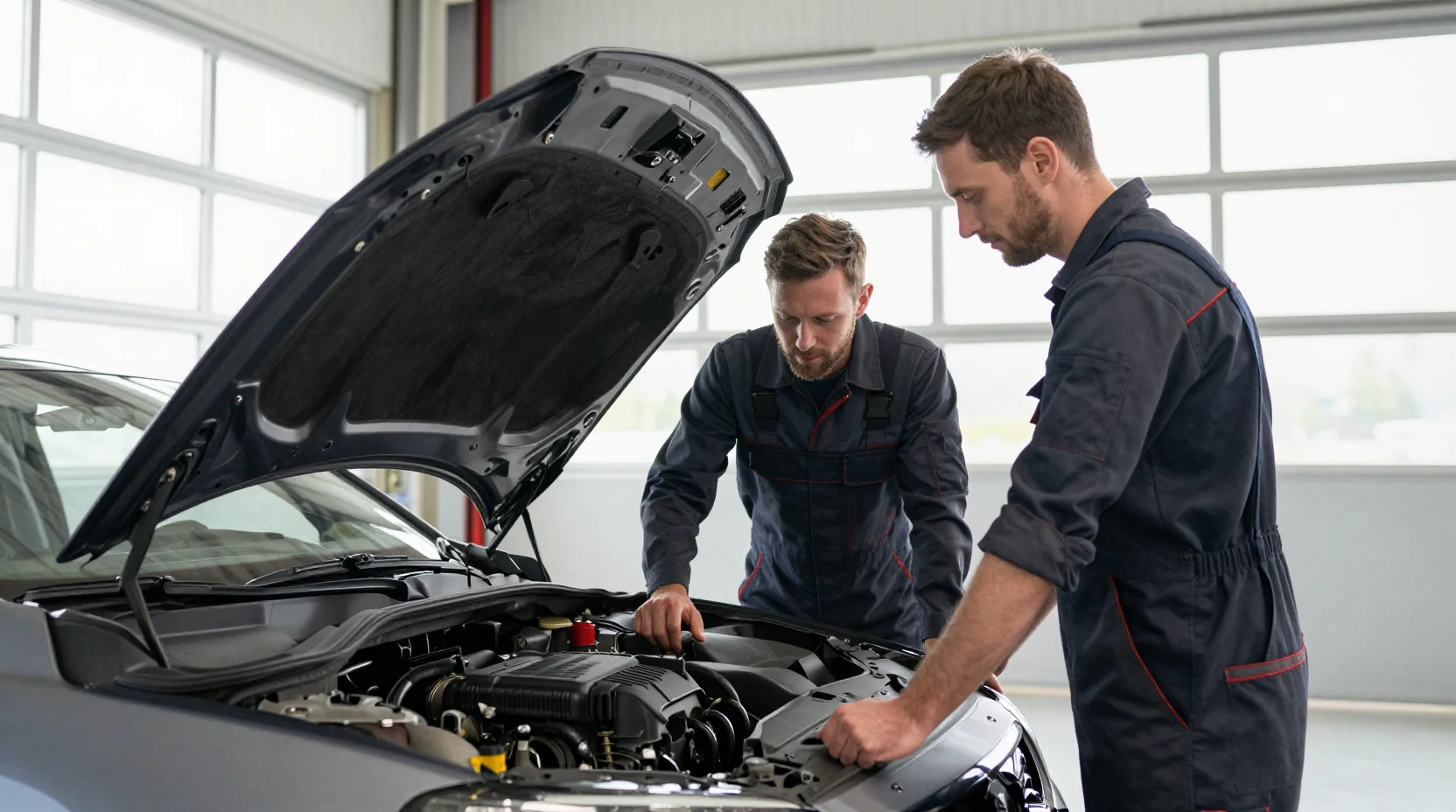 Mechanics working together in a well-lit garage bay