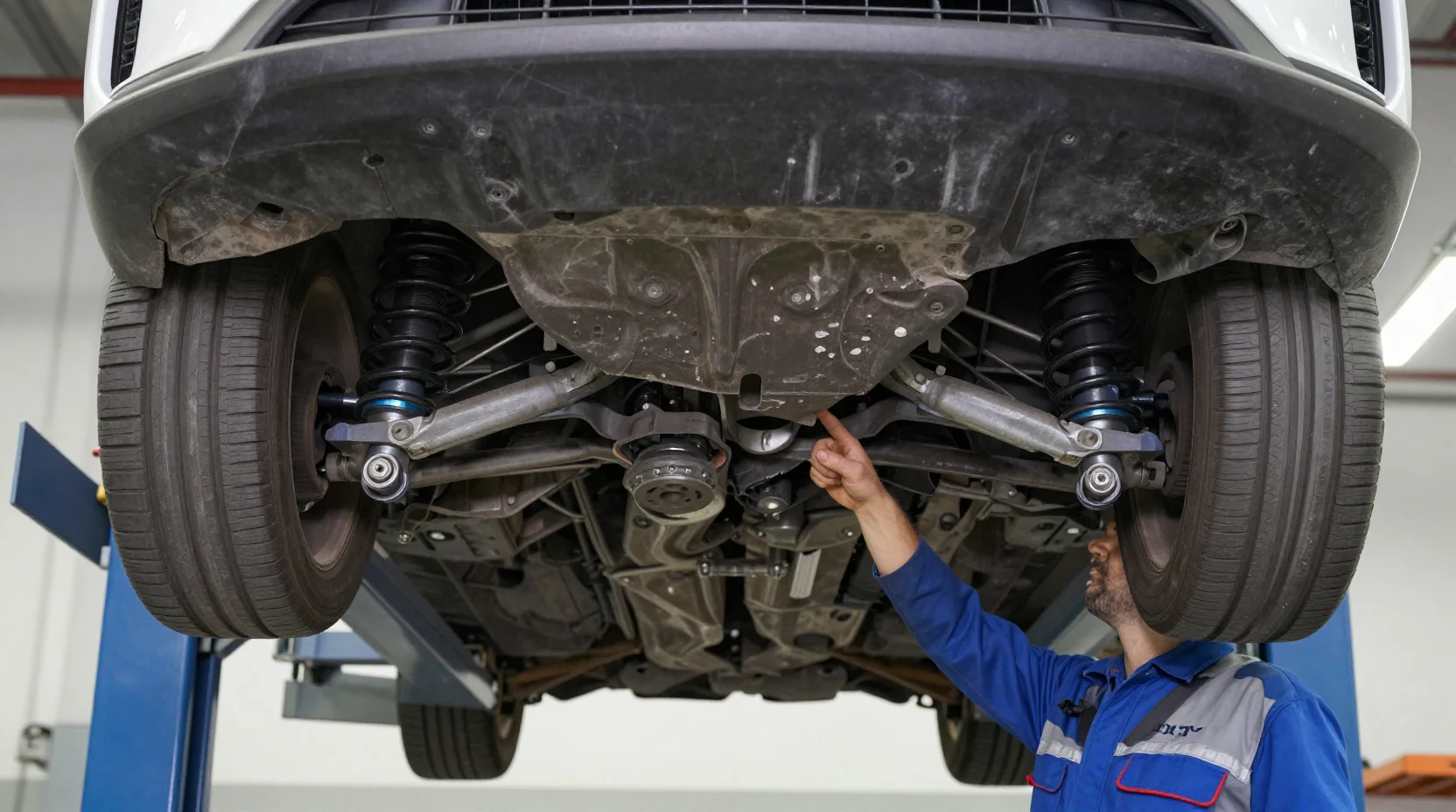 Suspension components being inspected on a lift