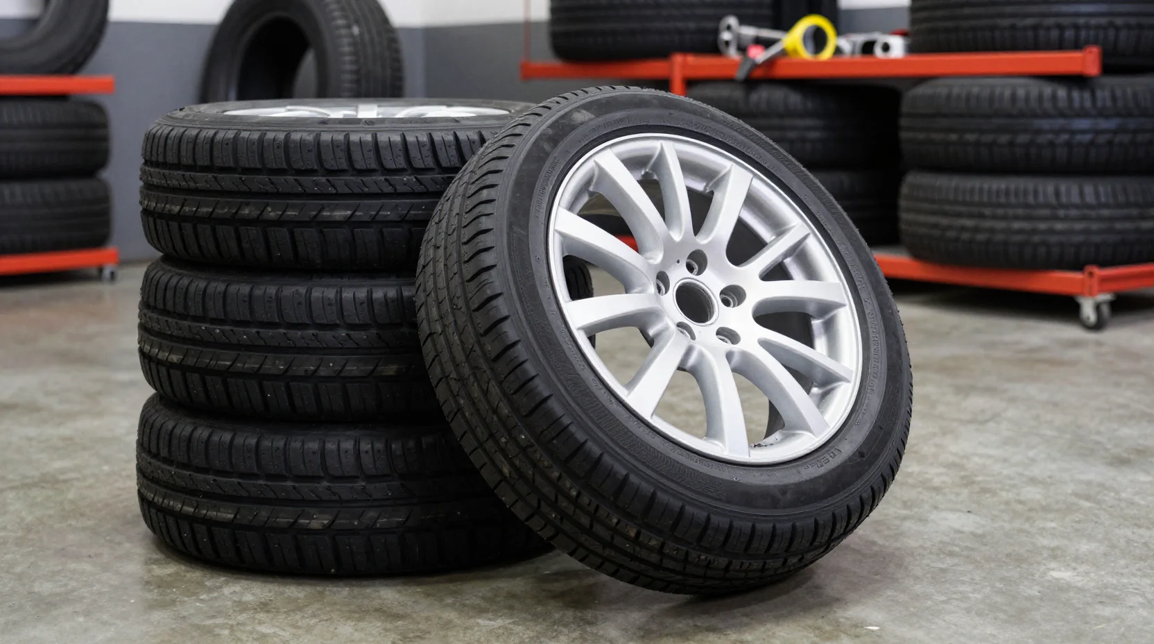 Stack of new tyres in a garage ready for fitting
