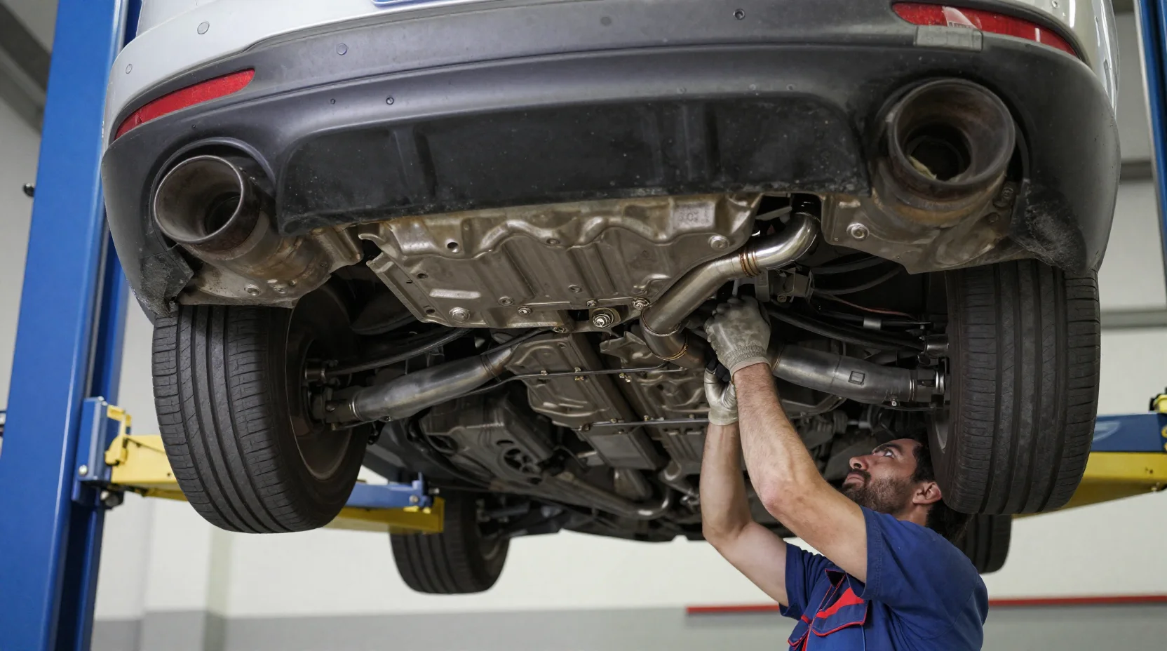 Exhaust system being repaired on a vehicle lift