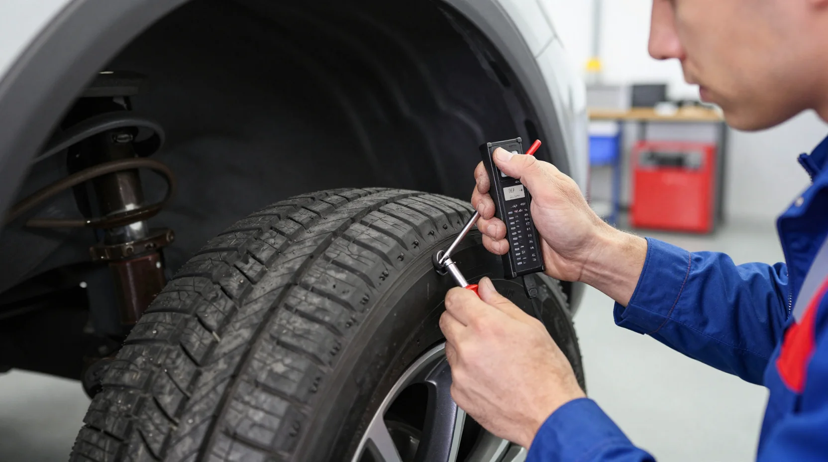 Technician performing an MOT inspection on a vehicle
