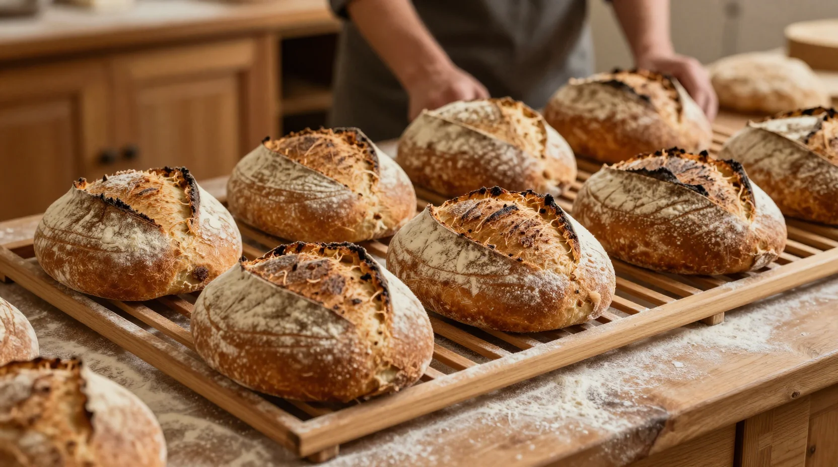 Pains fraîchement sortis du four en attente de découpe