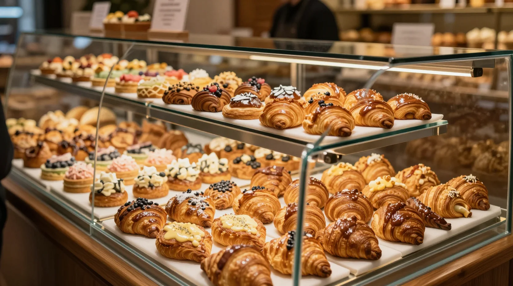 Vitrine garnie de pâtisseries et viennoiseries