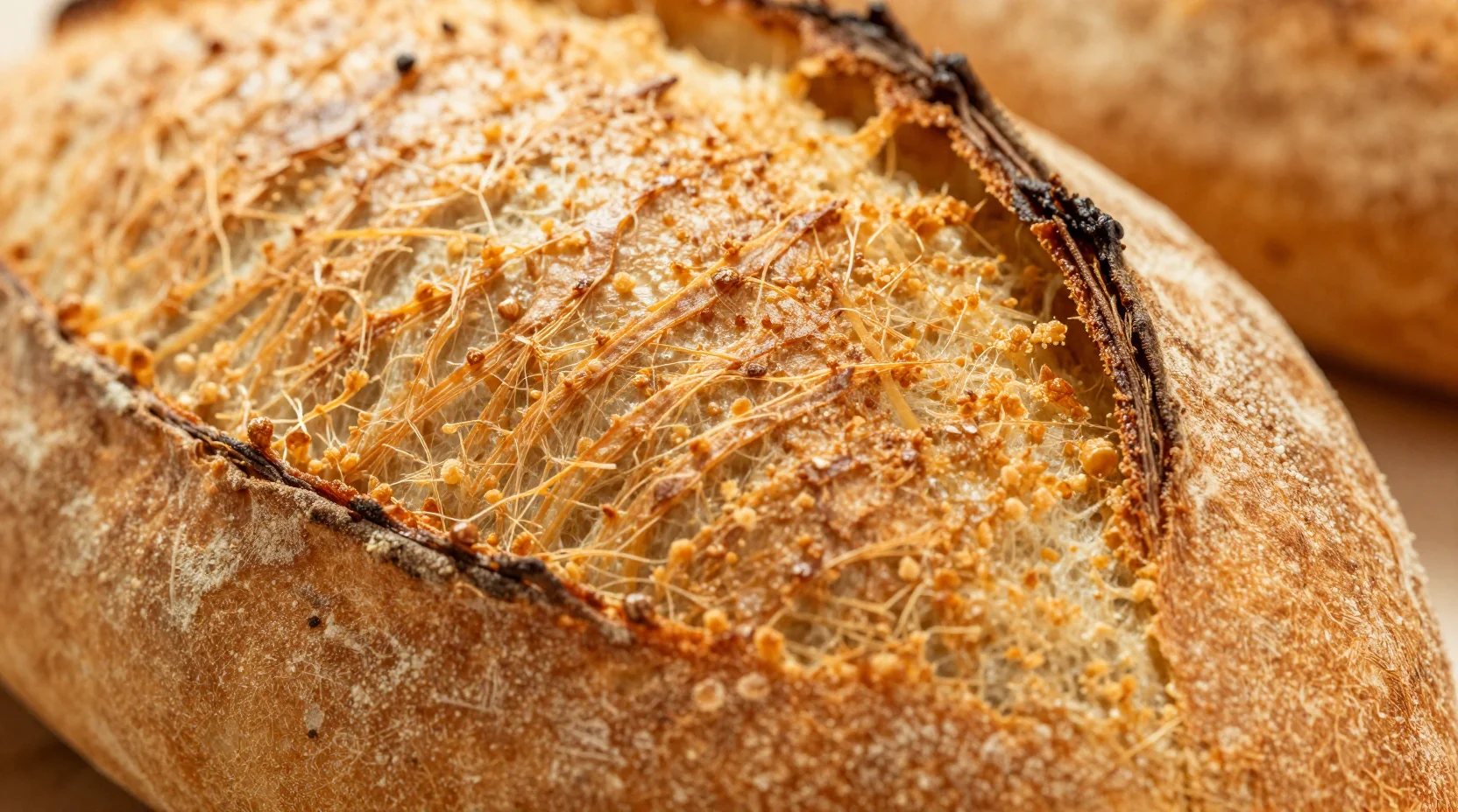 Détail d'une croûte de pain dorée et croustillante
